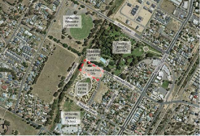The central hub, circled in red, would be located between the Garden of the Future and White Hills swimming pool. Picture: GHD Woodhead planning permit report. 