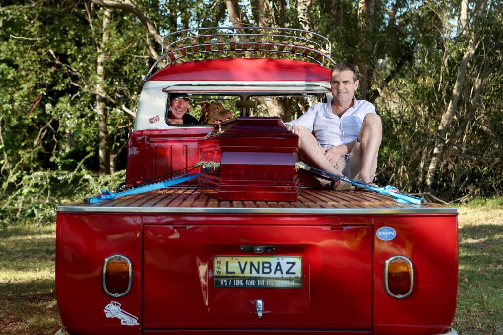 ON THE ROAD: Robb Grubb (left) with dog Mater and friend David Lamb in the Kombi van he'll be taking around Australia. Picture: Sylvia Liber