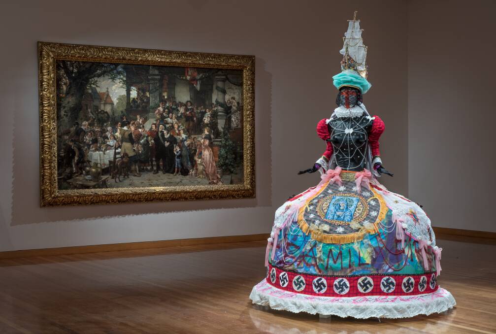 FAMILY FIRST!: Devon Ackermann and Paul Yore's The Birth of a Nation, 2018 (textiles and mixed media) and Carl Hoff's The Golden Wedding, 1883 (oil on canvas). Part of the Bendigo Art Gallery collection. Photo: Ian Hill
