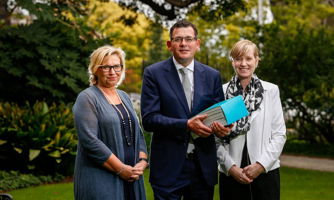 RELEASED: Rosie Batty, Premier Daniel Andrews and Minister for the Prevention of Family Violence, Fiona Richardson, following the release of the findings of the Royal Commission into Family Violence. Photo: Eddie Jim. 