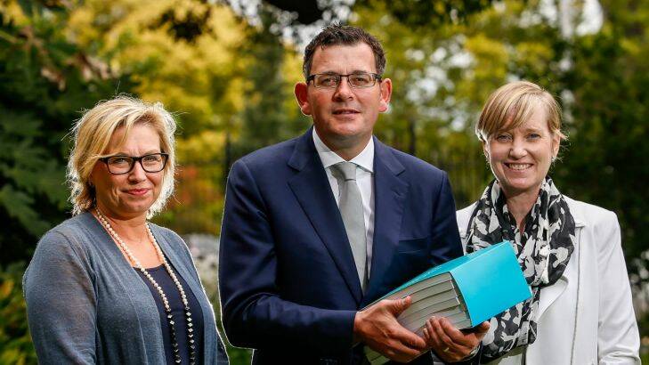 Rosie Batty, Premier Daniel Andrews and Fiona Richardson, Minister for the Prevention of Family Violence, at the release of the report by the Royal Commission into Family Violence at Parliament House. Photo: Eddie Jim. 