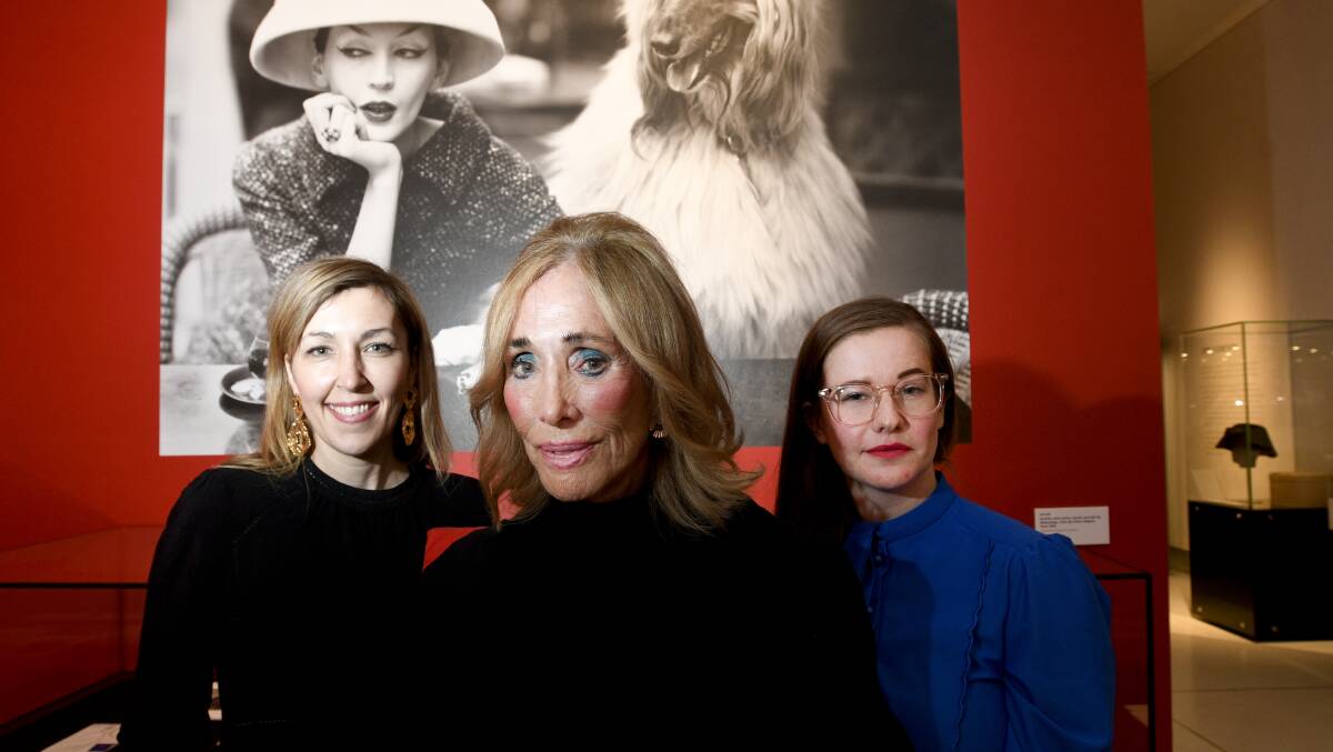 Balenciaga Exhibition at Bendigo Art Gallery. Director of the Bendigo Art Gallery Jess Bridgfoot, International model and fashion icon Maggi Eckhart and Stephanie Wood Curator, from the Victoria and Albert Museum in London. Picture: NONI HYETT