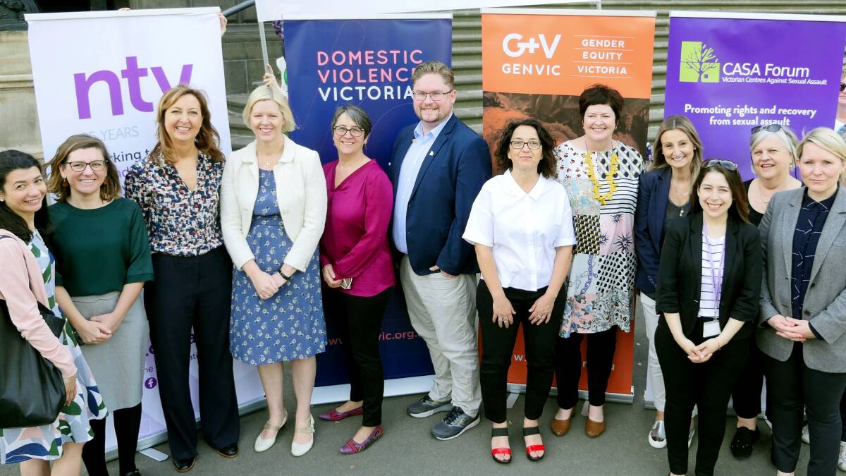 Representatives from peak bodies involved in the prevention and response to family violence in Victoria at the campaign launch in Melbourne. Picture: RYAN SHEALES