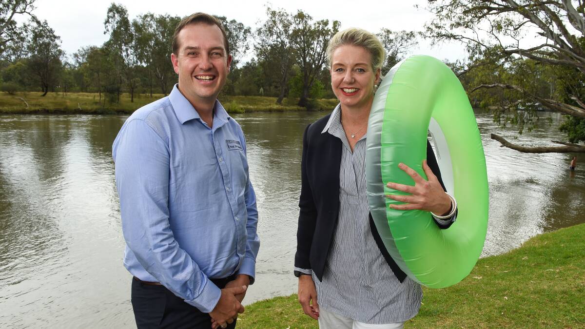 STAY SAFE: Royal Lifesaving Society national manager Craig Roberts and federal sports minister Bridget McKenzie spread the message about staying safe near water at Noreuil Park, Albury. Picture: MARK JESSER