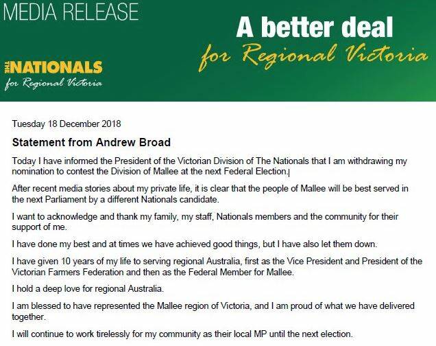 Nationals seek woman candidate for Andrew Broad’s Mallee seat