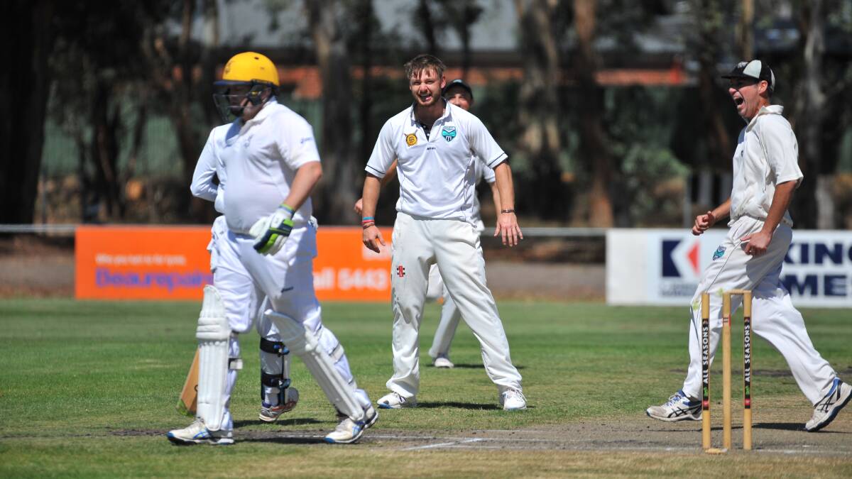Huntly-North Epsom's Lewis Stabler celebrates the wicket of Ben Devanny.