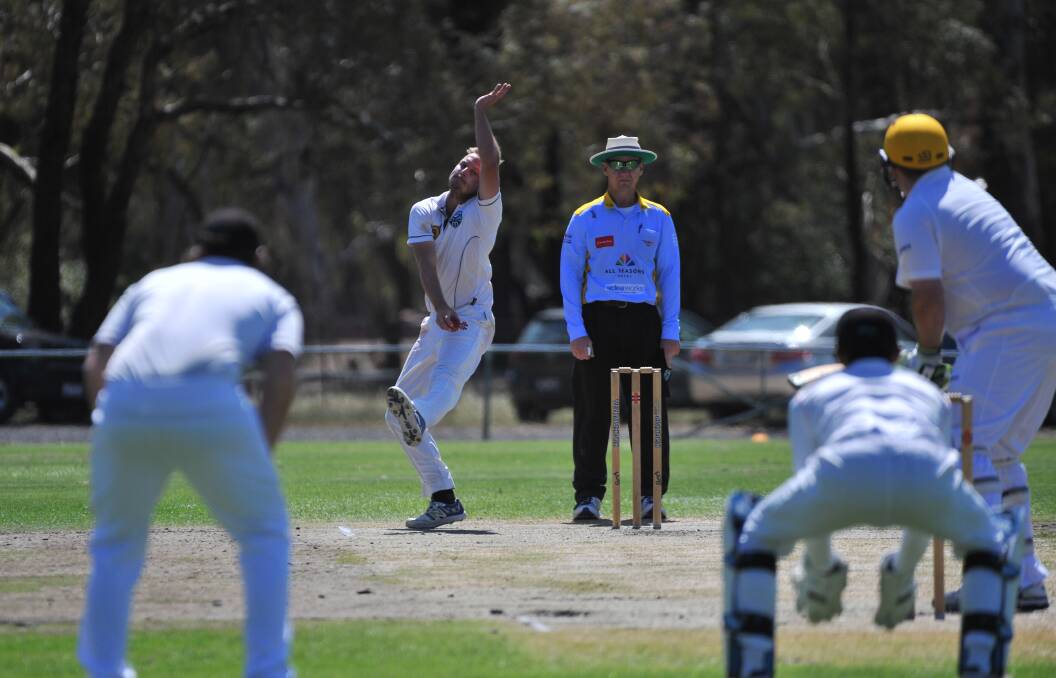 Huntly-North Epsom all-rounder Adam Ward bowls against the Jets. Picture: ADAM BOURKE
