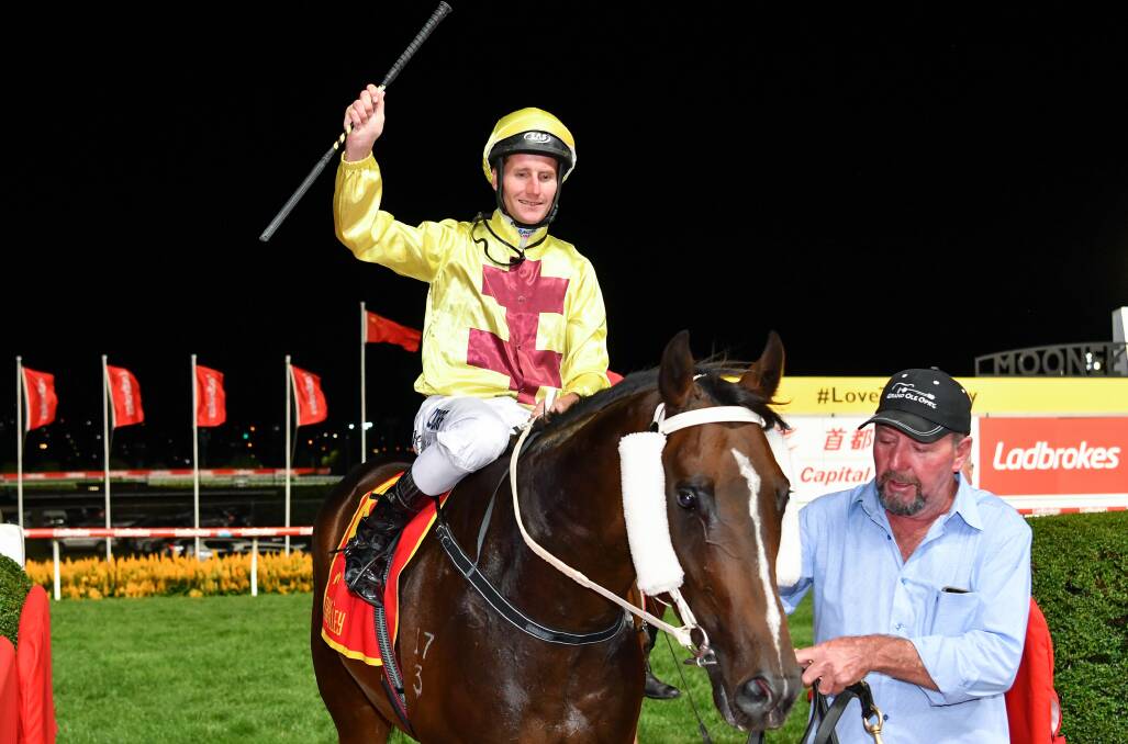Brendon Hearps leads Vungers and jockey Brad Rawiller back to scale after an impressive win at Moonee Valley in 2019. Picture: RACING PHOTOS