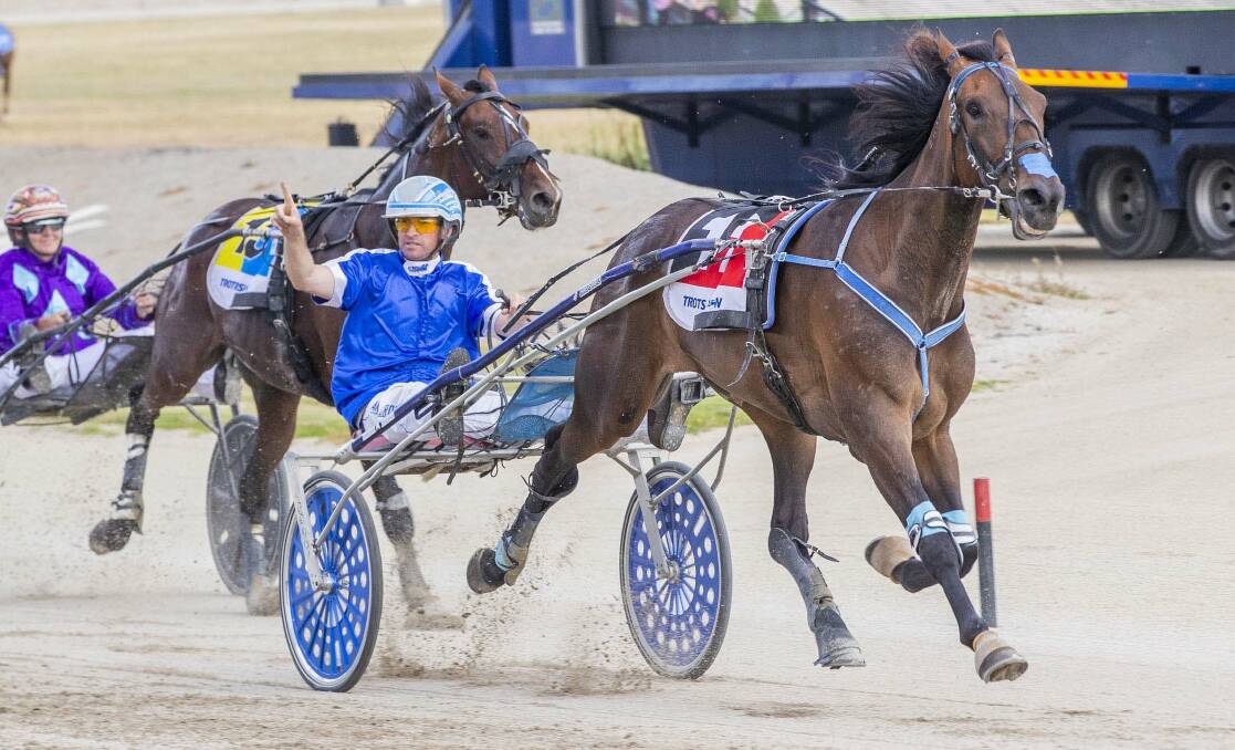 NUMBER ONE: Anthony Crossland raises his finger in triumph as Rules Don't Apply wins the Vicbred Super Series 4YO Trotters Final. Picture: STUART McCORMICK
