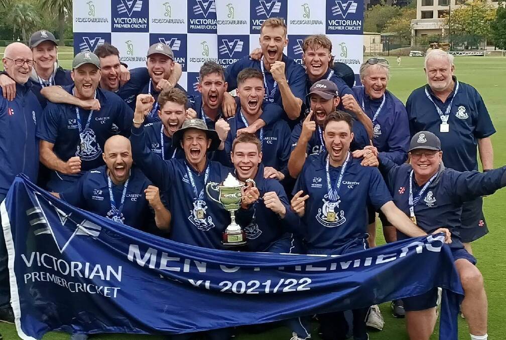 GO BLUES: Carlton players and officials celebrate their Victorian Premier Cricket grand final win. Picture: CARLTON CRICKET CLUB