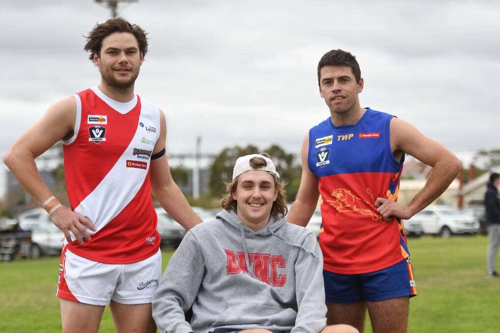 Jackson Davie with Bridgewater captain Liam Jacques and Marong skipper Patrick Ryan. Picture: ANTHONY PINDA