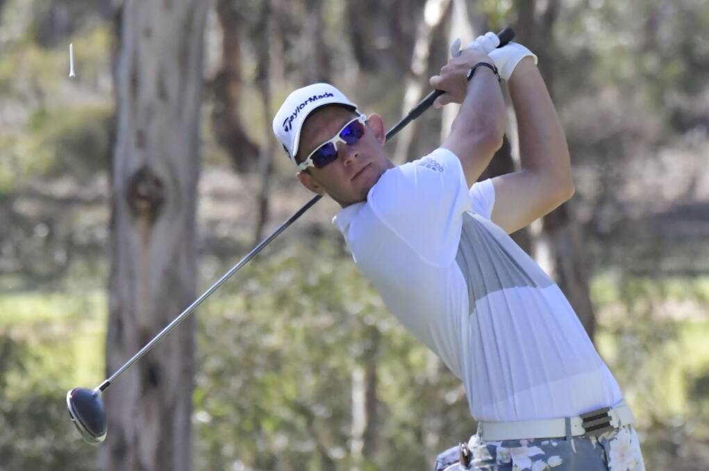 Lucas Herbert smokes a drive off the fourth tee at Neangar Park. Picture: NONI HYETT