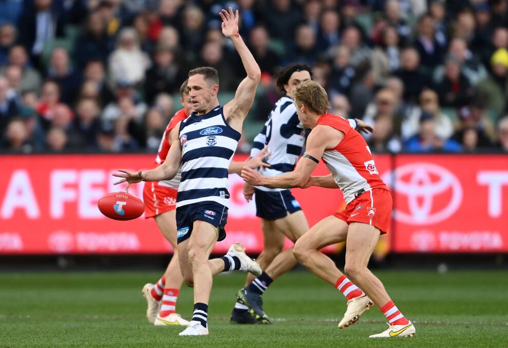 Joel Selwood's final goal of his AFL career - a banana kick in the grand final. Picture by Getty Images