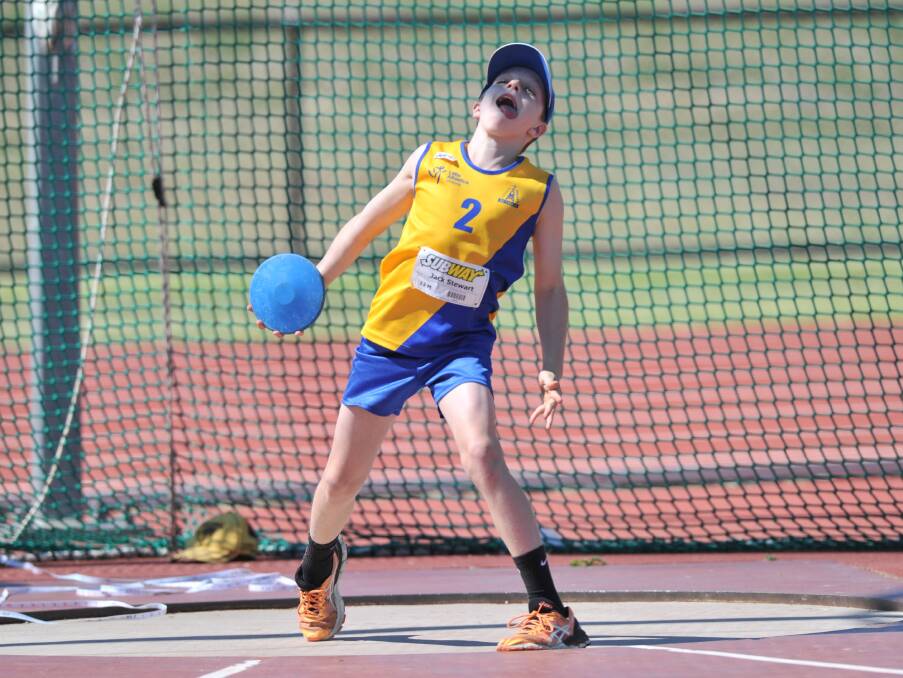POWERFUL: Jack Stewart launches the discus at Little Athletics on Saturday. Picture: NONI HYETT