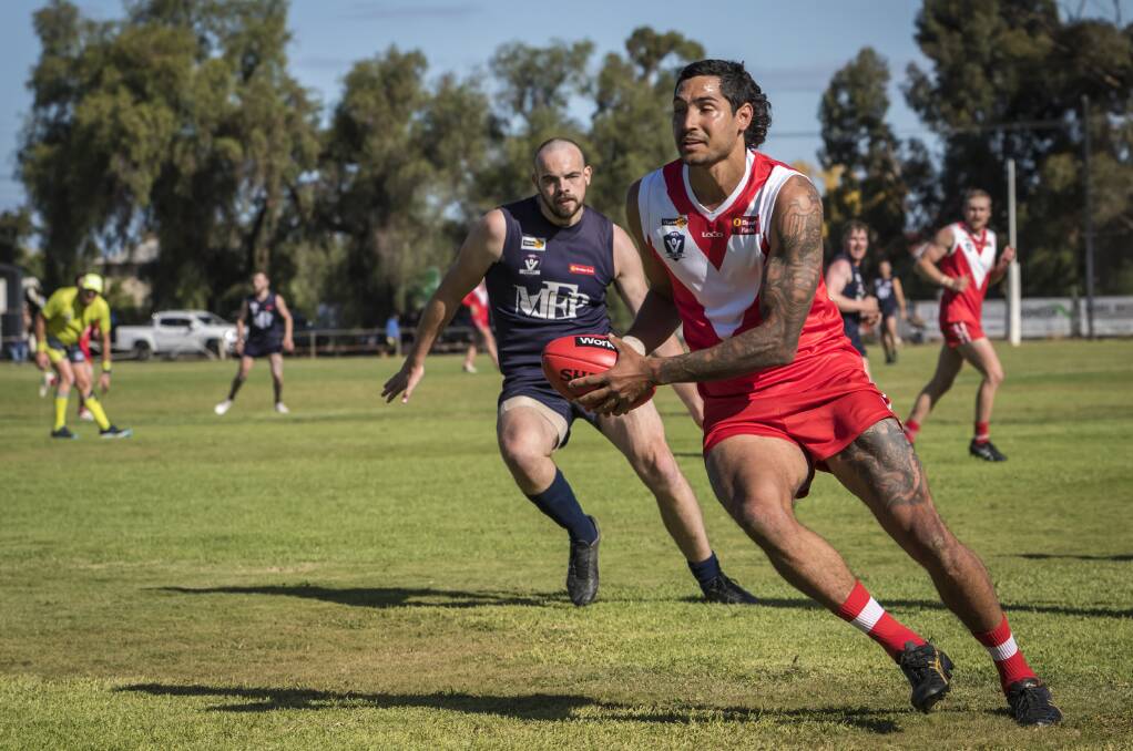 TOP CLASS: Dylan Gordon playing for Elmore in the Heathcote District Football Netball League in round two this season. Picture: MATTHEW CLARKSON
