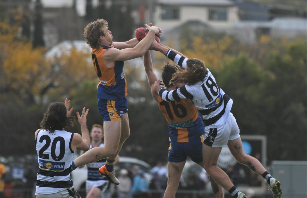 PACK FLIES: Golden Square forward Jayden Burke tries to take a mark.