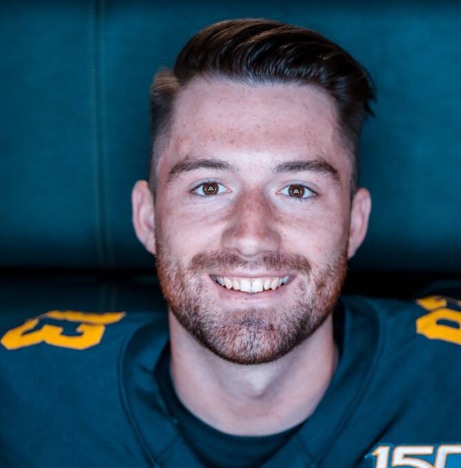 ALL SMILES: Jamieson Sheahan in his Golden Bears' gear in Berkeley. Picture: CAL FOOTBALL