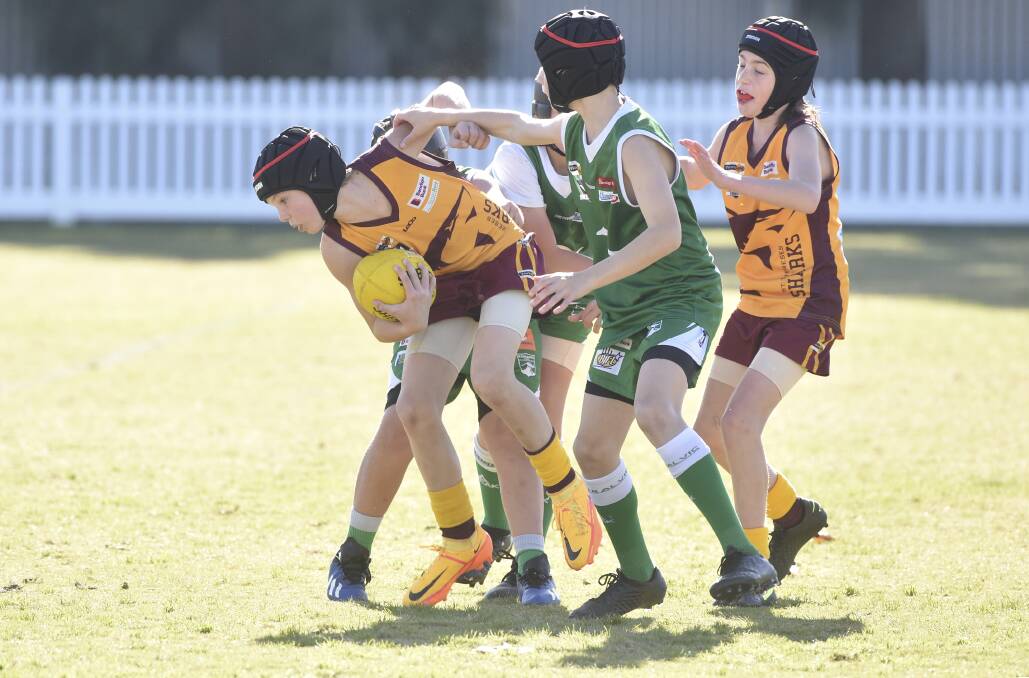 St Therese's and Kangaroo Flat players compete for the ball in the BJFL under-12 division. Pictures: NONI HYETT