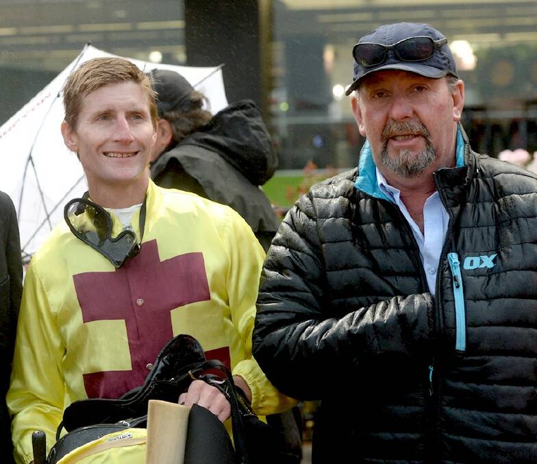 Brad Rawiller and Brendon Hearps after the win of Vungers at Moonee Valley. Picture: ROSS HOLBURT/RACING PHOTOS