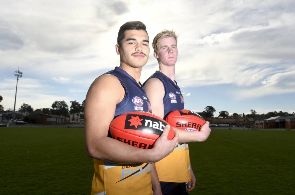 PUMPED UP: Bendigo Pioneers' midfielder Jeremy Rodi and Riley Wilson ahead of Sunday's NAB League triple-header at the QEO. Picture: NONI HYETT