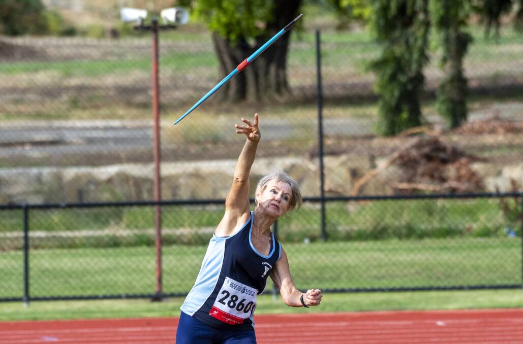 MASTERS MARVEL: Kathryn Heagney shows the form in the javelin that helped her earn the Veteran Athlete of the Year award.