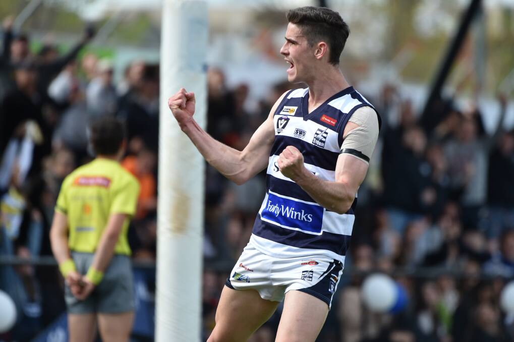 Bailey Henderson after kicking a goal in the 2019 BFNL grand final. Picture: GLENN DANIELS