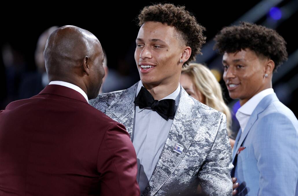 Dyson Daniels and members of his family after he was selected by the New Orleans Pelicans in the NBA Draft. Picture: GETTY IMAGES