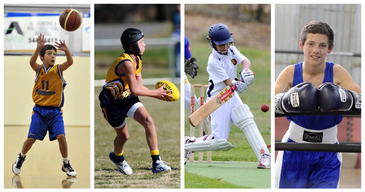YOUNG GUN: Jye Caldwell playing for the Bendigo Braves under-12s, the BJFL under-12 representative team, Bendigo Cricket Club and after winning the state title in boxing.
