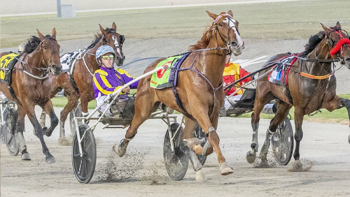 Don't Care powers to the finish line to win the 2YO Vicbred Super Series final. Picture: STUART McCORMICK 