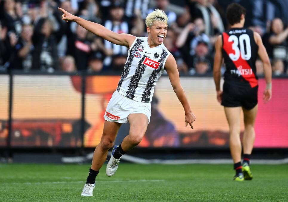 FIVE OF THE BEST: Collingwood's Jack Ginnivan celebrates one of his five goals against Essendon. Picture: GETTY IMAGES