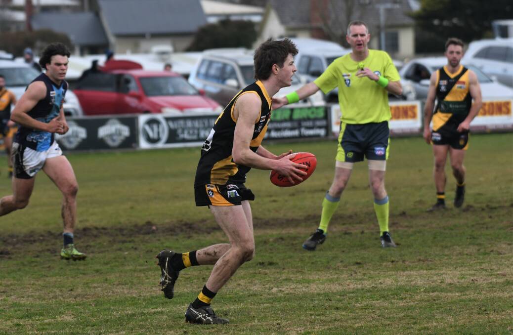 IMPACT: Kyneton's Angus Nolte had a big third quarter to help set-up the Tigers' win over Eaglehawk. Picture: ADAM BOURKE
