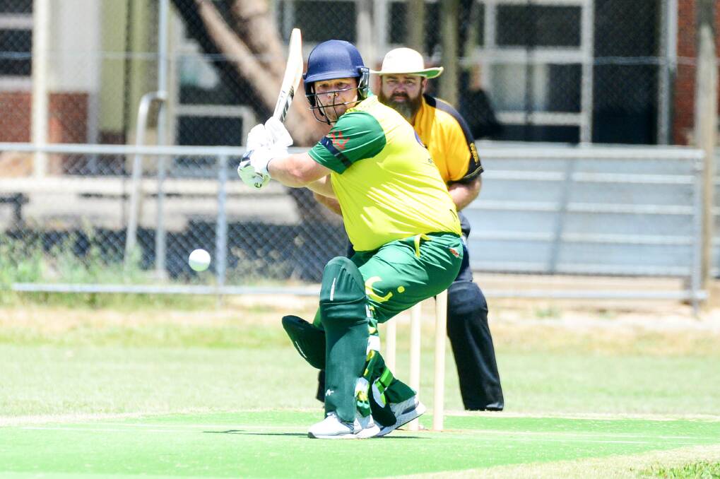 ATTACK: Emu Creek's Brad Rowe on his way to 43 against Axe Creek on Saturday. Picture: BRENDAN McCARTHY
