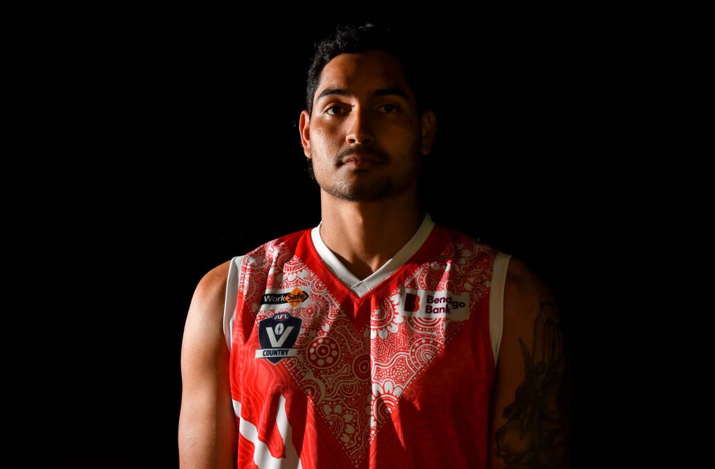 TAKING A STAND: Dylan Gordon in the Elmore Football Netball Club indigenous jumper the Bloods will wear against Lockington-Bamawm United on Saturday. Picture: NONI HYETT