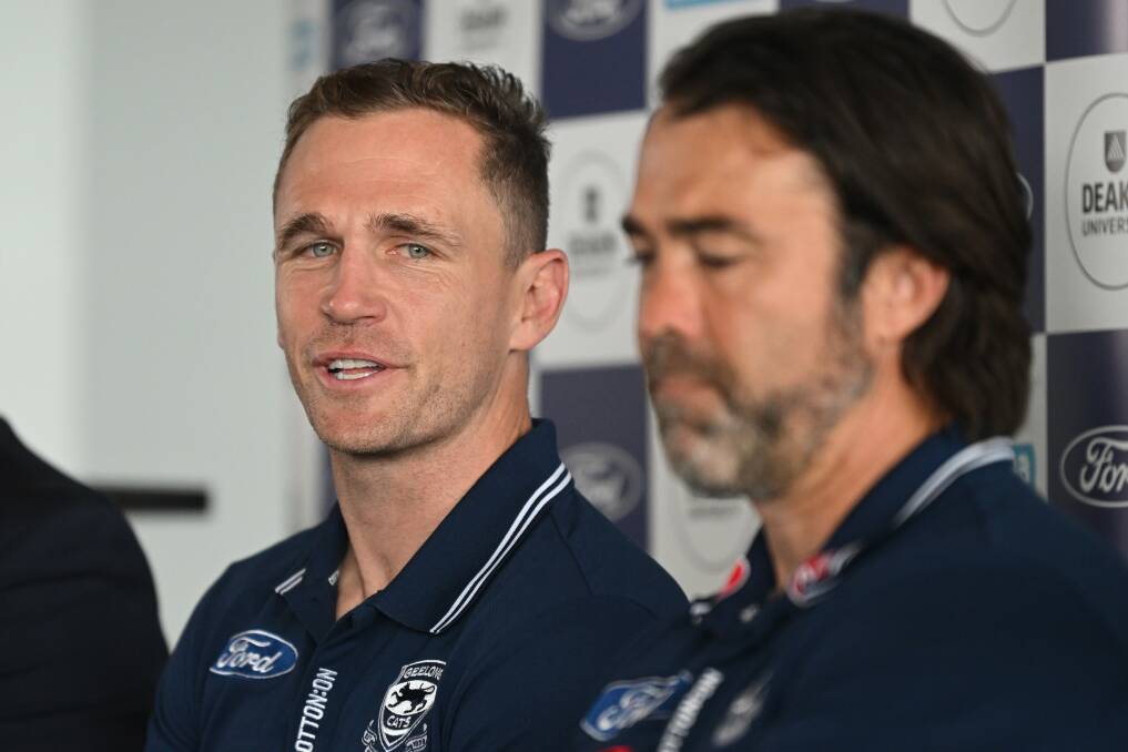 Joel Selwood and Chris Scott as Selwood announces his AFL retirement. Picture by Getty Images
