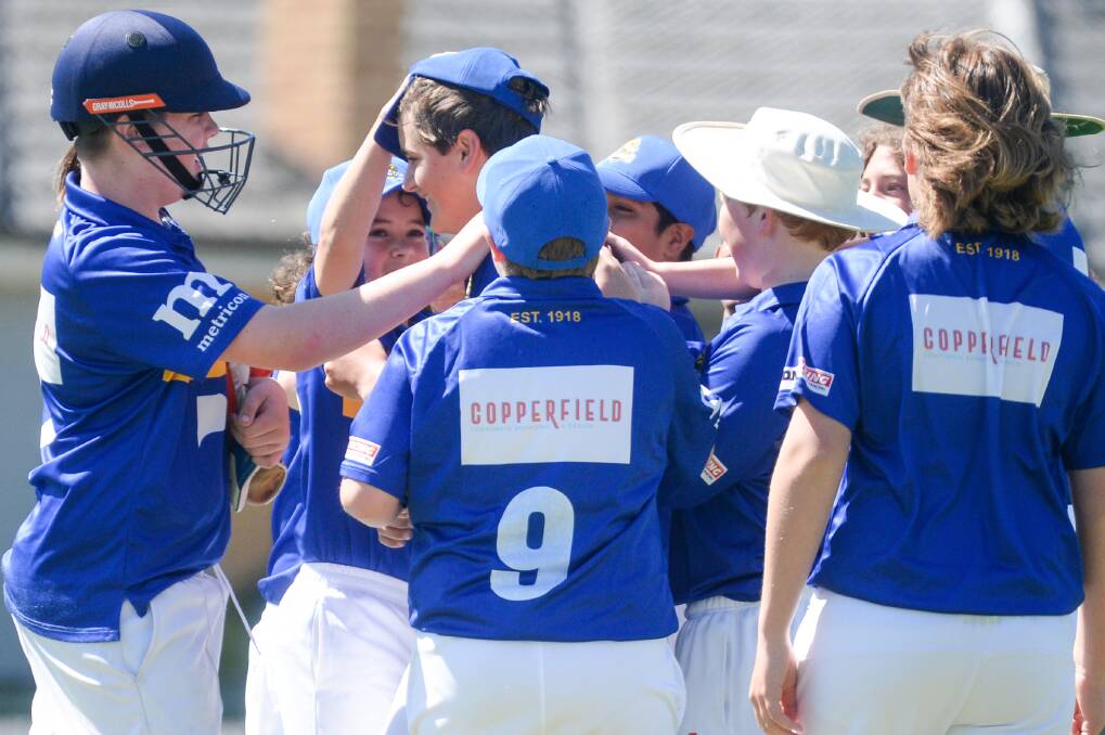 Golden Square under-14s celebrate a wicket. Picture: DARREN HOWE