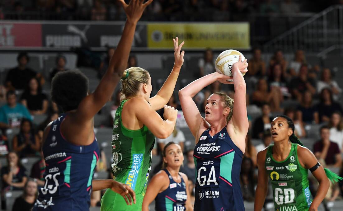 Caitlin Thwaites shoots one of her 16 points in Sunday's Super Netball grand final. Picture: GETTY IMAGES
