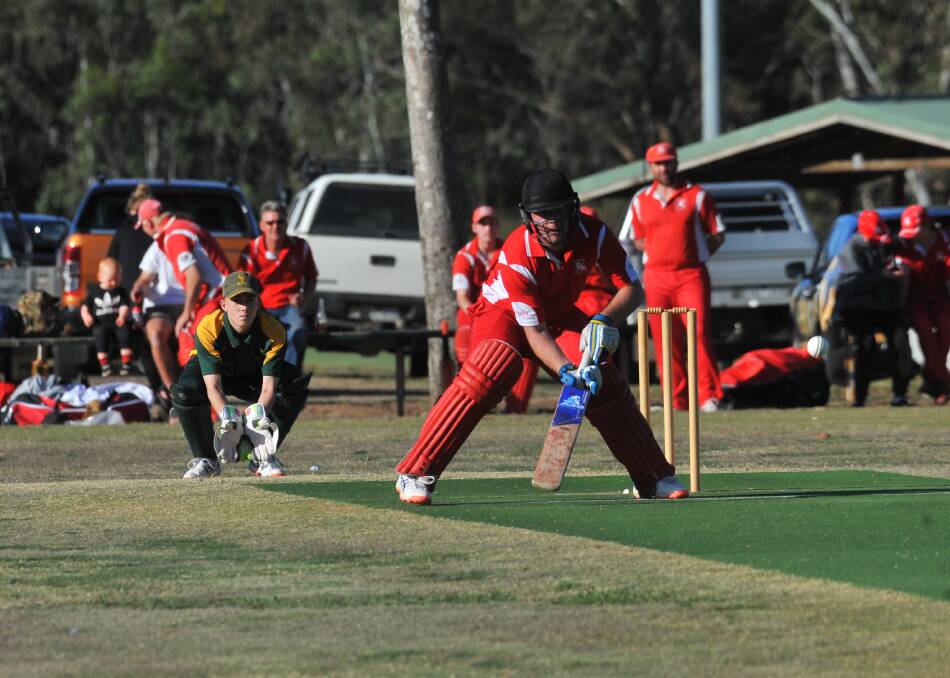 INVENTIVE: Mandurang's Corey Dickins attempts a ramp shot in his innings of 95 not out against Emu Creek.
