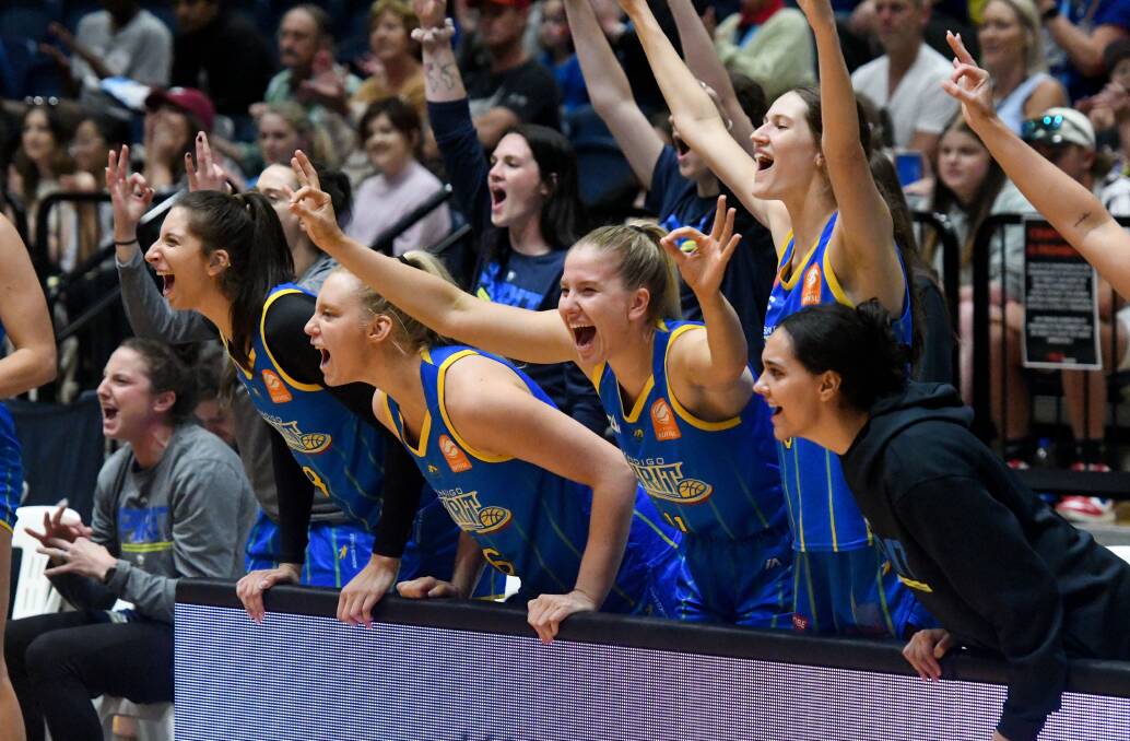 The Bendigo Spirit bench celebrate a three-pointer early in the Spirit's win over the Capitals. Pictures by Noni Hyett