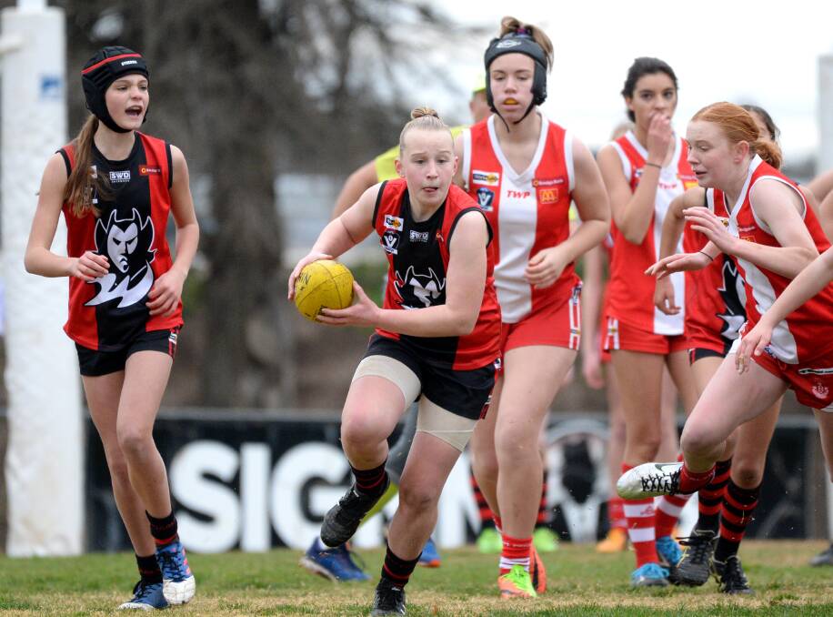 ON THE RUN: White Hills work the ball out of defence in the under-15 girls division clash with South Bendigo on Sunday. Picture: DARREN HOWE