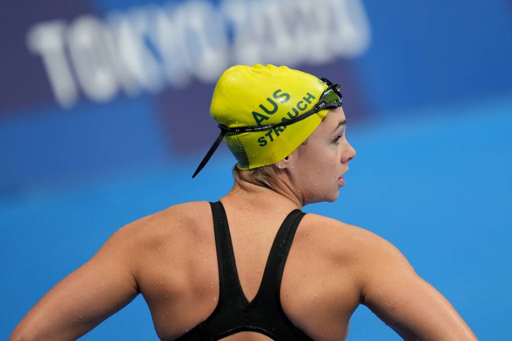 GREEN AND GOLD: Jenna Strauch after her swim in the 200m breaststroke semi-finals. Picture: AAP Image/Joe Giddens