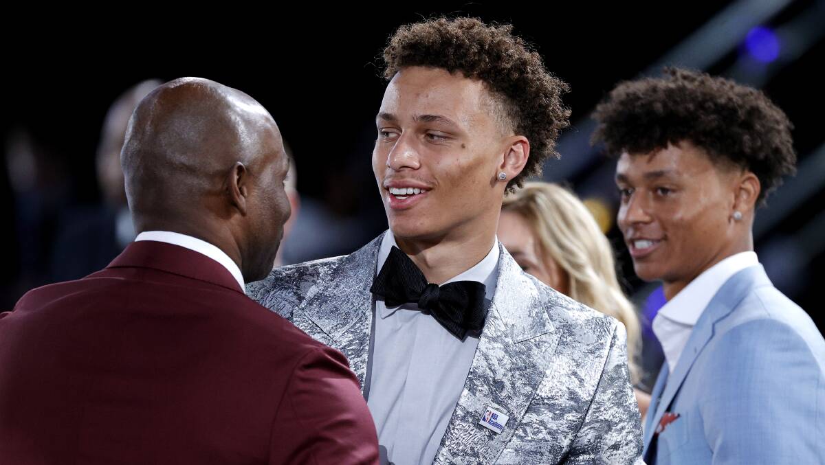 Dyson Daniels flanked by his family after he was selected by the New Orleans Pelicans. Picture: GETTY IMAGES