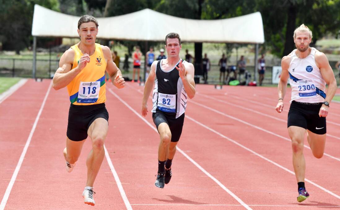 SPEED MACHINES: Sebastian Reyneke, Liam Schreck and Christian Paynter sprint to the line in the 100m at the Athletics Victoria multi-event championships in Bendigo.Picture: BRENDAN McCARTHY
