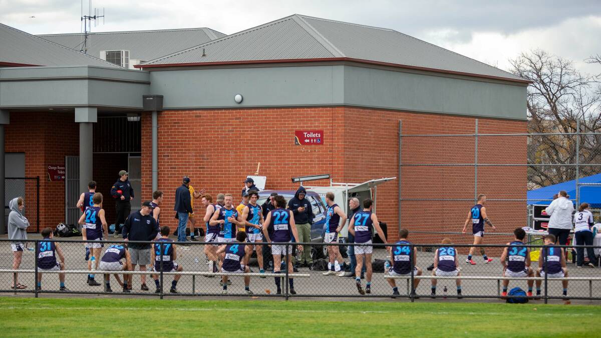 Eaglehawk players at half-time of the senior game. Picture: PETER WEAVING