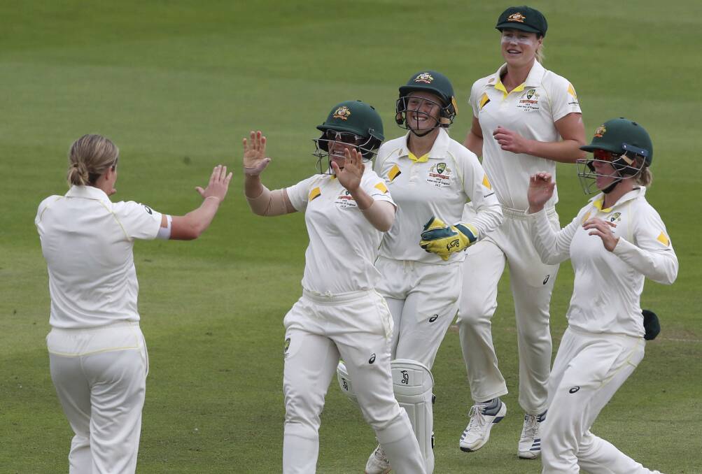 Australia celebrates a wicket early on day four of the Ashes Test. Picture: AP