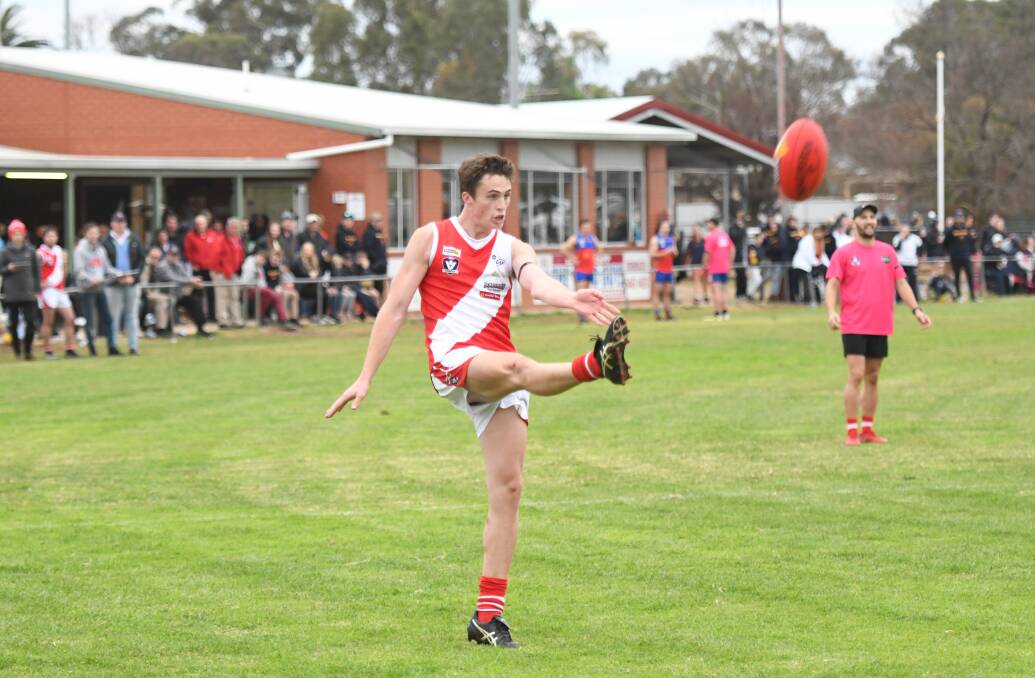 Bridgewater centre half-forward Alex Powell kicks for goal in Saturday's win over Marong. Picture: ANTHONY PINDA