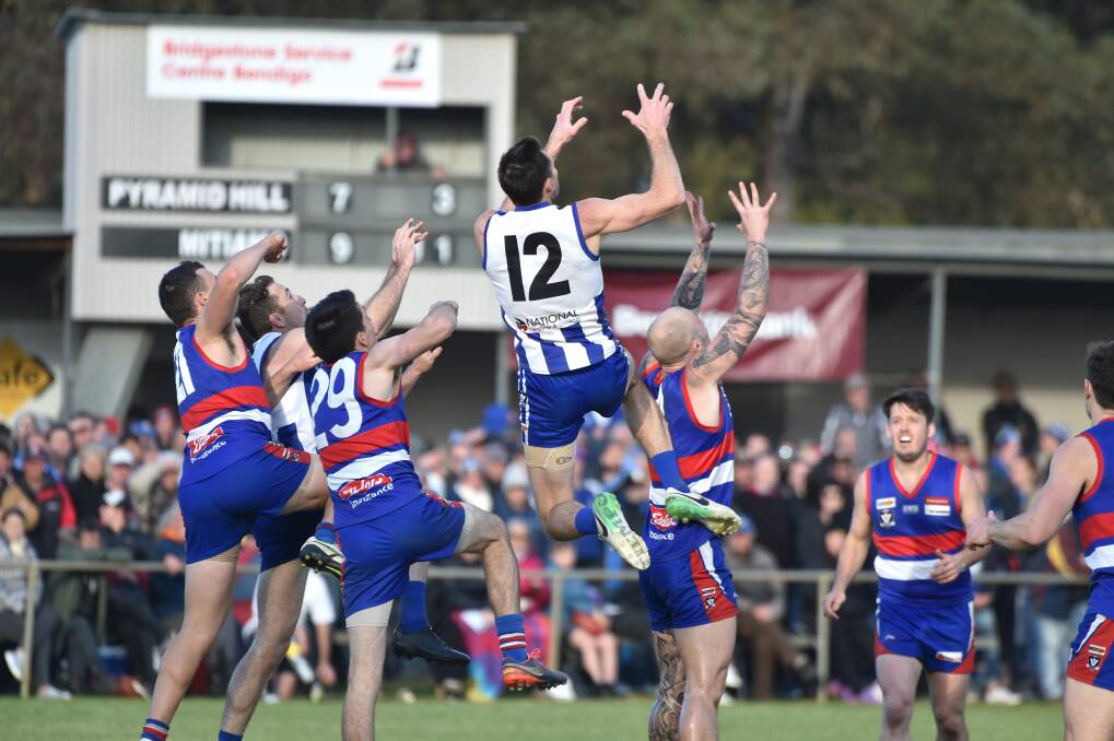HIGH FLYERS: Action from the 2019 LVFNL grand final between Mitiamo and Pyramid Hill. Picture: GLENN DANIELS