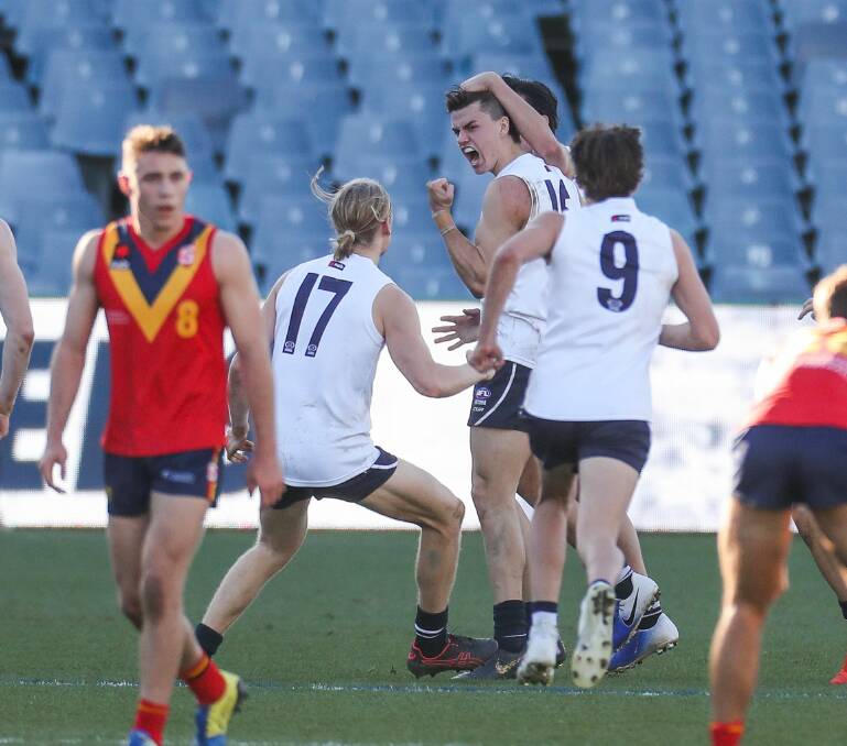 PUMPED UP: Bendigo Pioneers star Brodie Kemp celebrates his final minute goal to guide Victoria Country over the line against South Australia. Picture: MORGAN HANCOCK