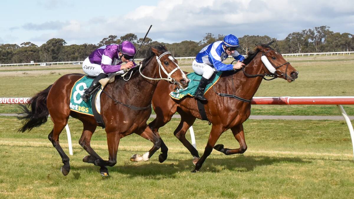 Go Ballistic, right, holds off Rewarding Ruby to win at Donald on Saturday. Picture: RACING PHOTOS