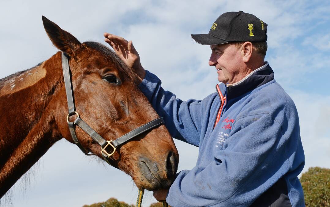 DYNAMIC DUO: Shelbourne trainer Larry Eastman with star three-year-old Menin Gate ahead of Sunday's Breeders Crown final. Picture: DARREN HOWE