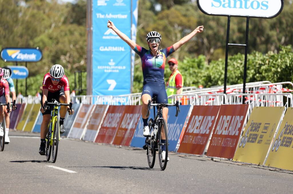 PURE JOY: Peta Mullens celebrates her stage one win at the Santos Festival of Cycling women's road race. Picture: GETTY IMAGES